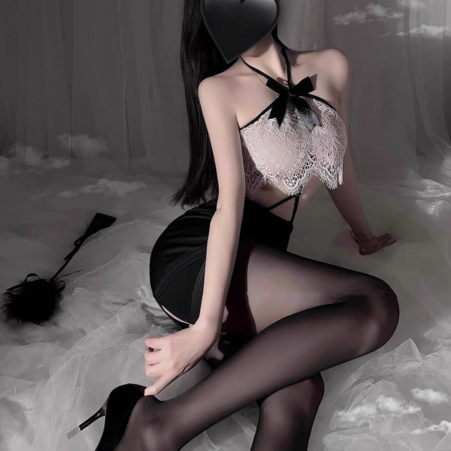 Sexy secretary's lingerie uniform ??adorned with lace cutouts and butterfly knots??