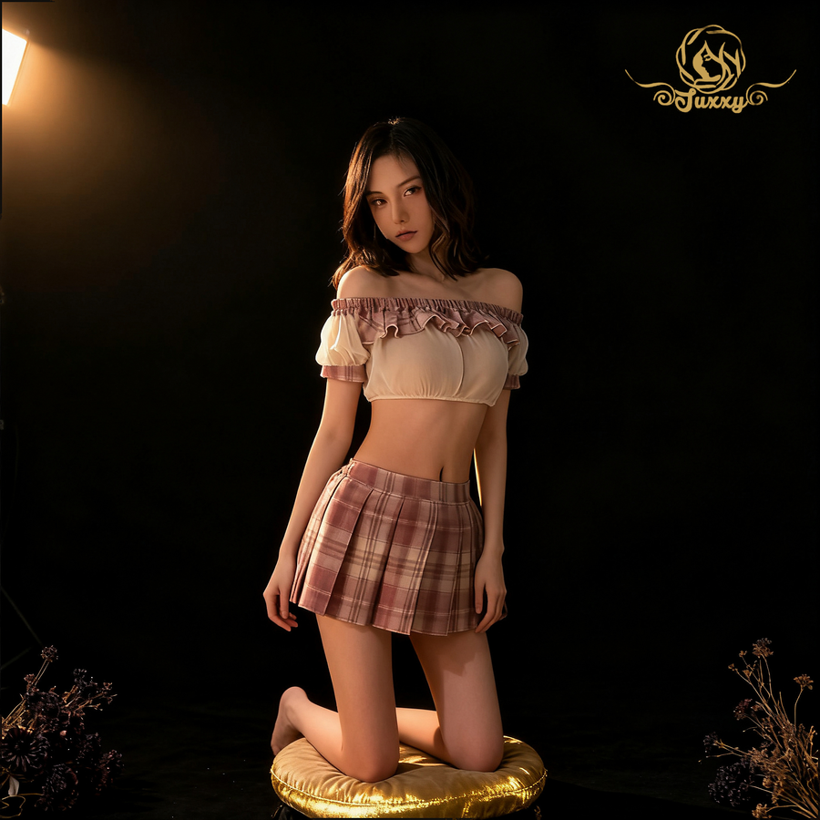 The top features a sexy mesh sheer design with lace trim, paired with a plaid pleated skirt