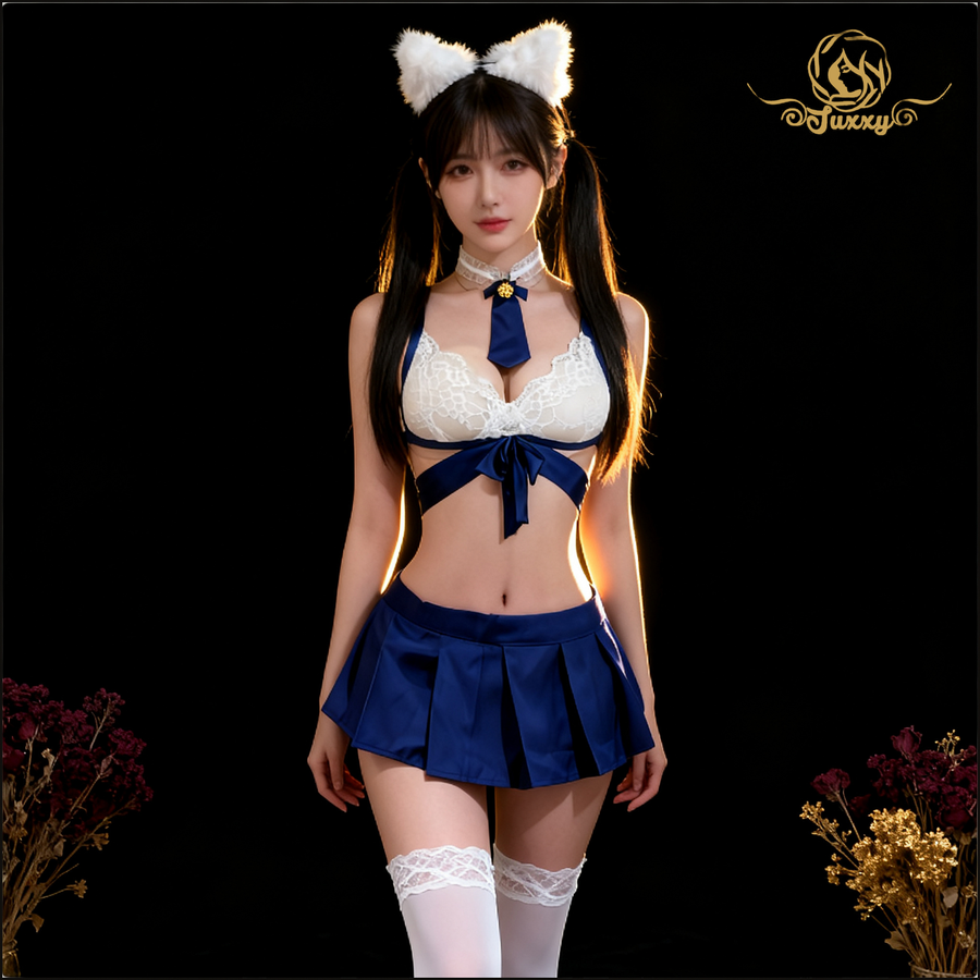 "Sleepless Tonight" 💙Sexy Senior Girl JK Uniform Lace Top and Mini Pleated Skirt - A Sexy Date Outfit💖