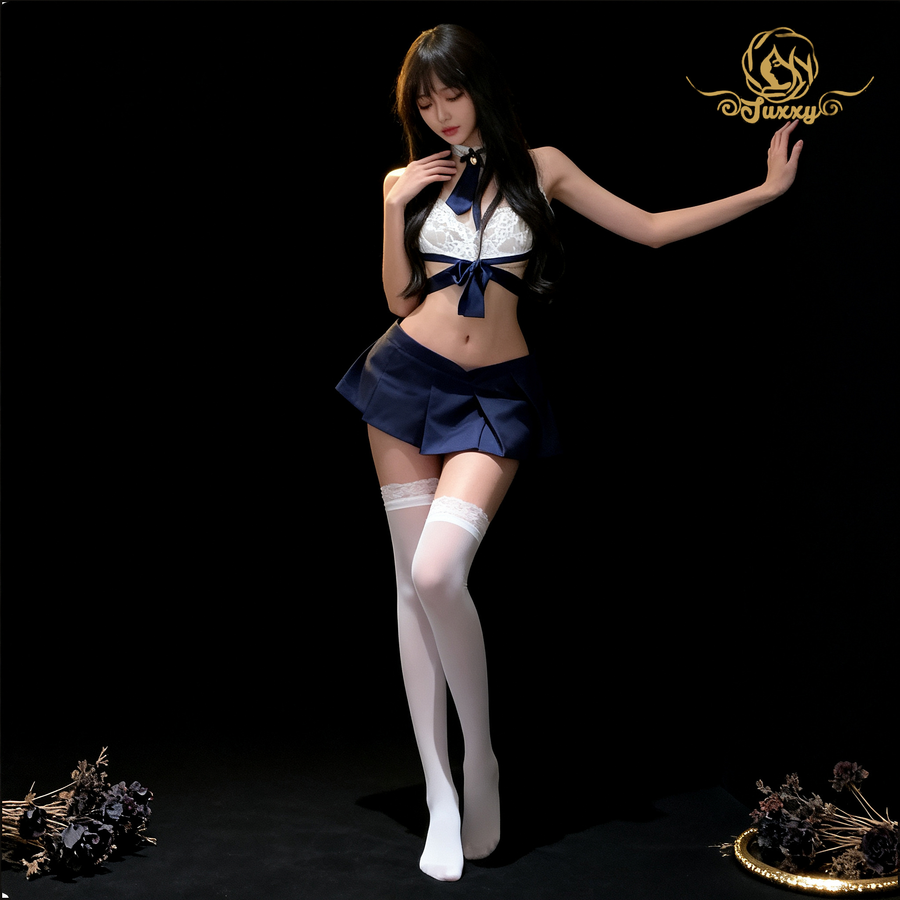 "Sleepless Tonight" 💙Sexy Senior Girl JK Uniform Lace Top and Mini Pleated Skirt - A Sexy Date Outfit💖