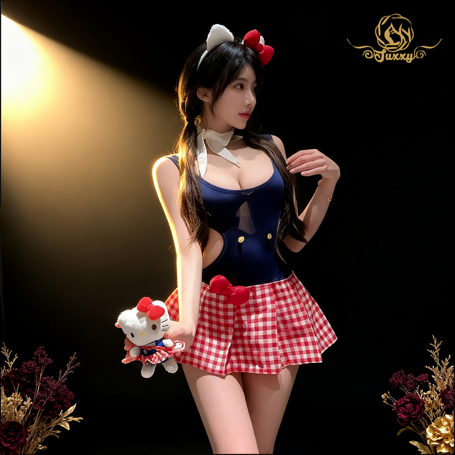 "Adorable Kitty" บอดี้สูทสไตล์คิตตี้ เปิดหลัง พร้อมกระโปรงพลีทลายสก็อต นุ่มน่ารัก