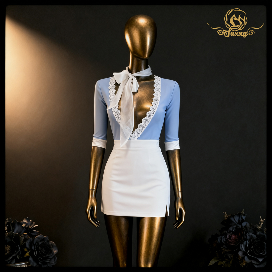 "Passion Flight"?? - Sexy low-cut design, lace-trimmed bodycon skirt style erotic?? uniform.