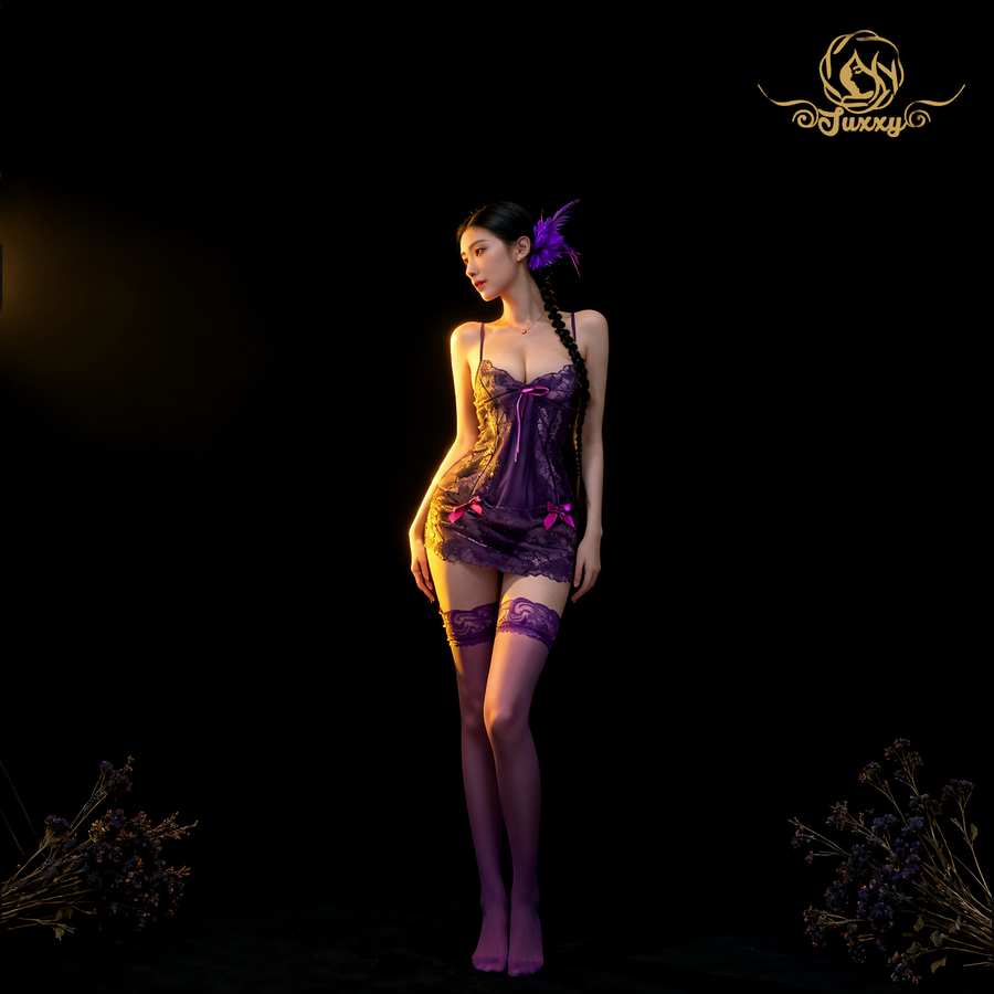 💝A sophisticated French-style purple nightgown with lace trim💜