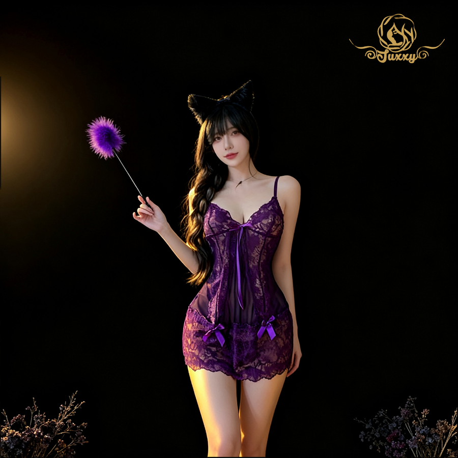 💋lace & mesh bodysuit · black / purple · soft stretch fit