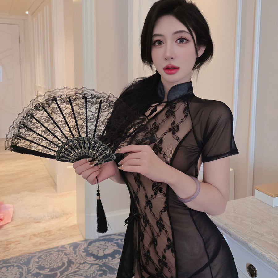 "Retro Charm" 🥰Sexy Cheongsam Uniform with Lace Cutout Design, Floral Print, and Mesh Style🎀