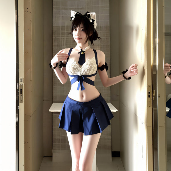 "Sleepless Tonight" 💙Sexy Senior Girl JK Uniform Lace Top and Mini Pleated Skirt - A Sexy Date Outfit💖