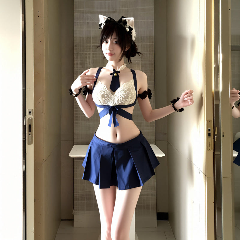 "Sleepless Tonight" 💙Sexy Senior Girl JK Uniform Lace Top and Mini Pleated Skirt - A Sexy Date Outfit💖