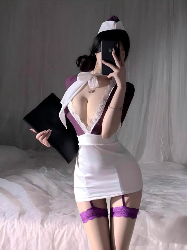 "Passion Flight"?? - Sexy low-cut design, lace-trimmed bodycon skirt style erotic?? uniform.