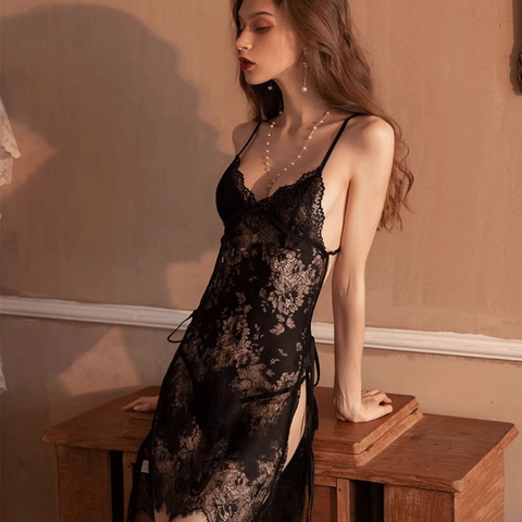 🖤Sexy see-through uniform with cheongsam pattern and lace trim👗