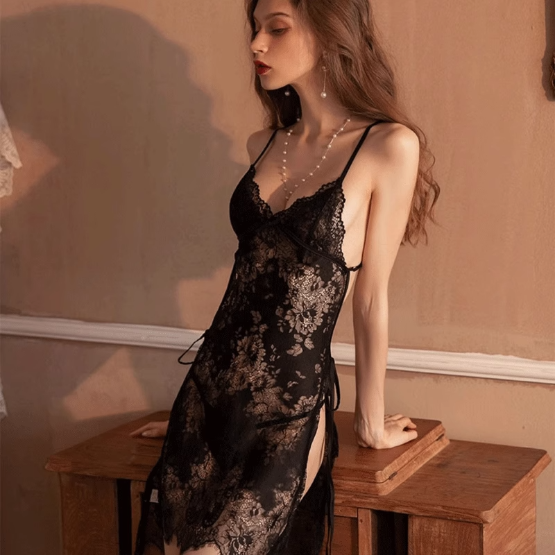 🖤Sexy see-through uniform with cheongsam pattern and lace trim👗