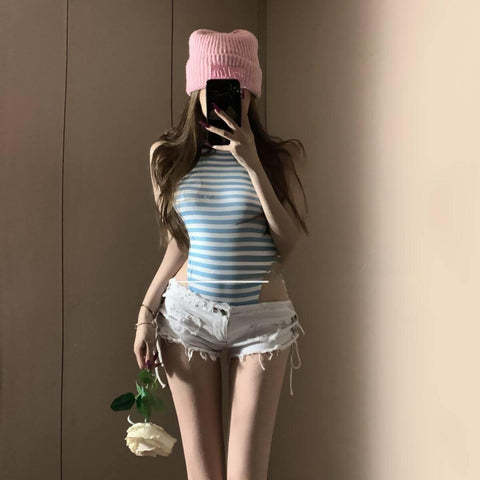 Blue?? striped lingerie, high-slit design, fitted swimsuit style.?????♀?