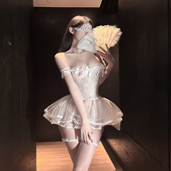 "Classic Black and White"? Lace Fitted Off-Shoulder Mesh Sheer Design Sexy Ballet Tutu Uniform?