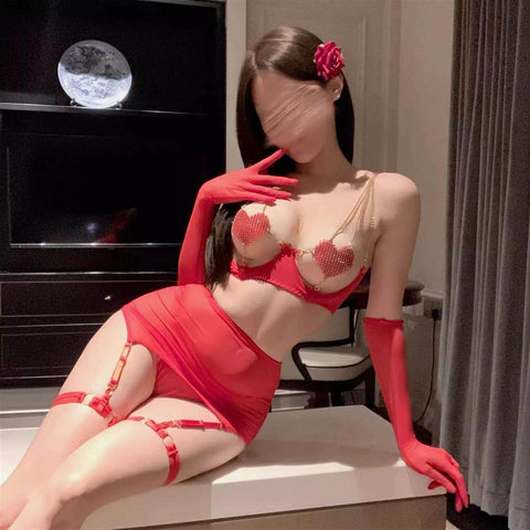 Sexy three-piece see-through mesh set with openwork ?? chain heart decoration ??