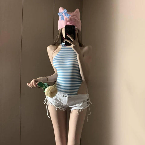 Blue?? striped lingerie, high-slit design, fitted swimsuit style.?????♀?