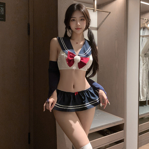 "Cute and innocent schoolgirl"💙 style JK uniform with bow and mini skirt - a sexy uniform❤️