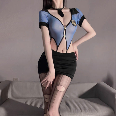 "Don't move!"?????♀? A sexy policewoman instructor's uniform featuring a see-through ??mesh bodycon skirt.