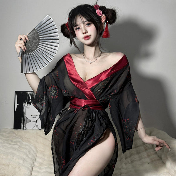 "Court Maid" 🤩Retro Dark-Toned Hanfu Style with Sheer Mesh Design - Erotic Uniform Set🖤