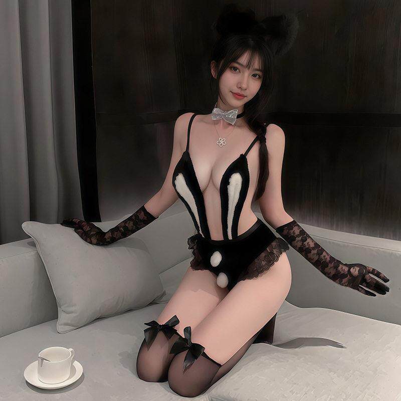 "Runaway Little Wild Bunny"🐇 Sexy and Cute Hollowed-Out Lace Design with Pom-Pom Decorations: Backless Maid Bunny Girl Lingerie Set🖤