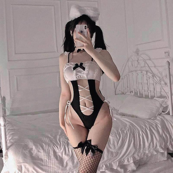 A girlish, ??strapless halter top design with sexy cutouts—a sexy lingerie uniform.??