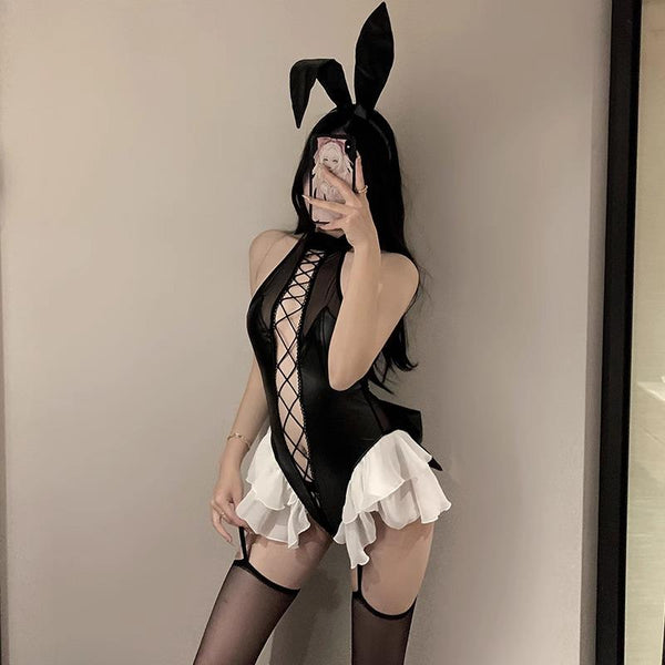 "Rabbit doll"🐰 sexy pure desire bunny girl tight strap design patent leather sex👏🏻 jumpsuit