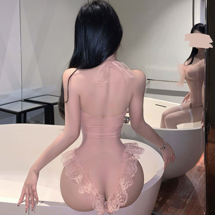 "Sweet Gift" ??Pink Sexy See-Through Mesh Lingerie Nightgown with Lace Trim and Large Bow Decoration on the Chest??