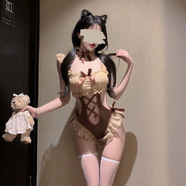 "Gummy Bear" 🧸 Sweet and sexy lace trim,🧸 hollow design, and little butterfly knot embellishments 🤎 Lingerie uniform