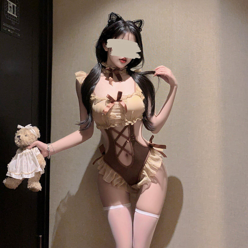"Gummy Bear" 🧸 Sweet and sexy lace trim,🧸 hollow design, and little butterfly knot embellishments 🤎 Lingerie uniform