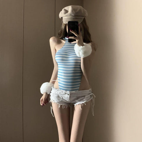 Blue?? striped lingerie, high-slit design, fitted swimsuit style.?????♀?