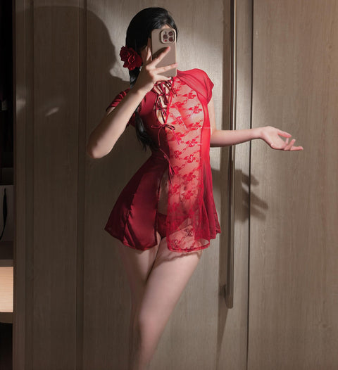 "Retro Charm" 🥰Sexy Cheongsam Uniform with Lace Cutout Design, Floral Print, and Mesh Style🎀