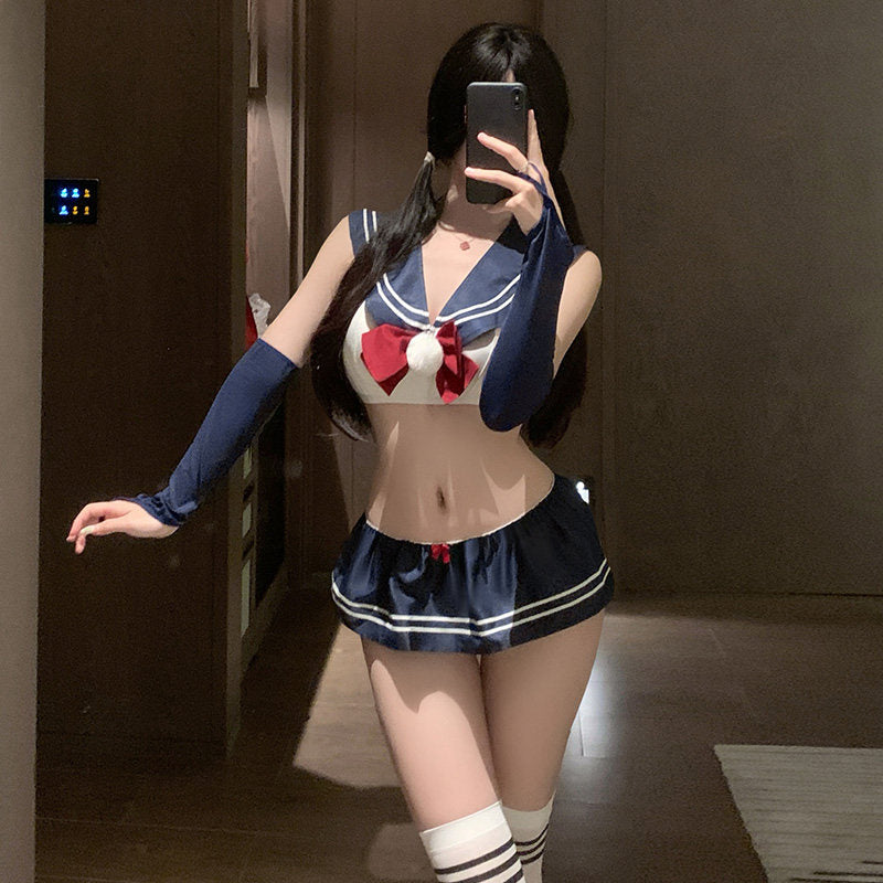 "Cute and innocent schoolgirl"💙 style JK uniform with bow and mini skirt - a sexy uniform❤️