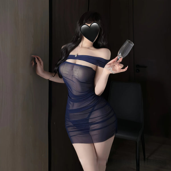 "Don't Sleep Tonight"?? - A sophisticated deep blue strapless dress-style bodysuit with a sheer mesh design.??