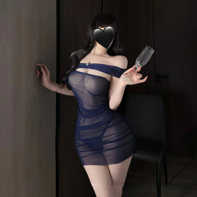 "Don't Sleep Tonight"?? - A sophisticated deep blue strapless dress-style bodysuit with a sheer mesh design.??