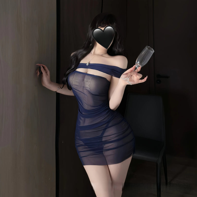 "Don't Sleep Tonight"💙 - A sophisticated deep blue strapless dress-style bodysuit with a sheer mesh design.🫣