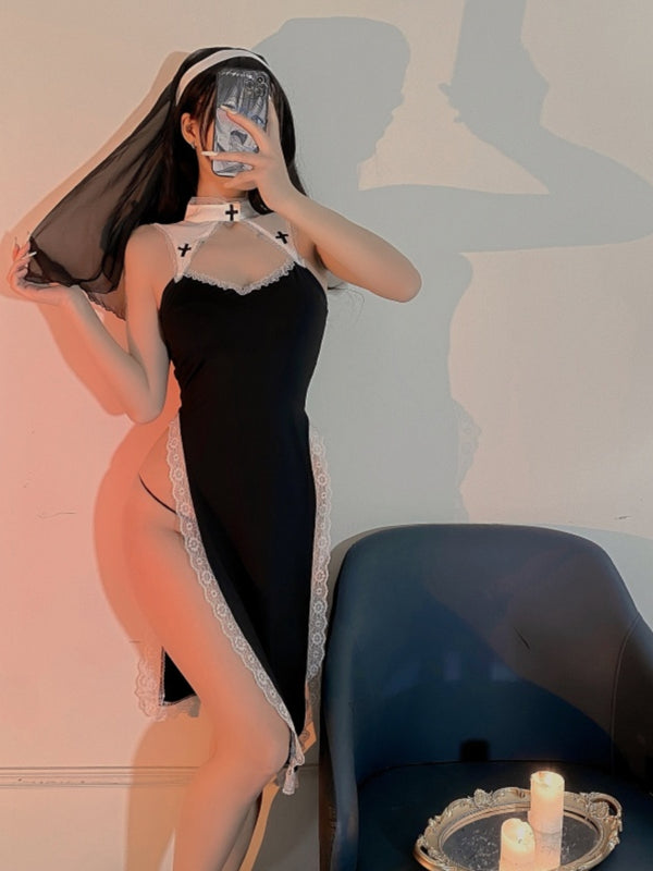 "Private Church" 🖤 Mature and alluring high-slit lace-trimmed uniform dress 🪽