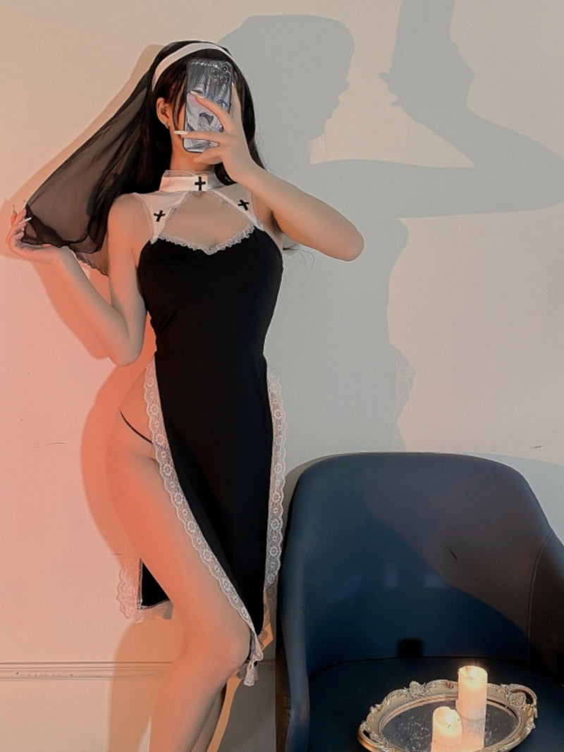 "Private Church" 🖤 Mature and alluring high-slit lace-trimmed uniform dress 🪽
