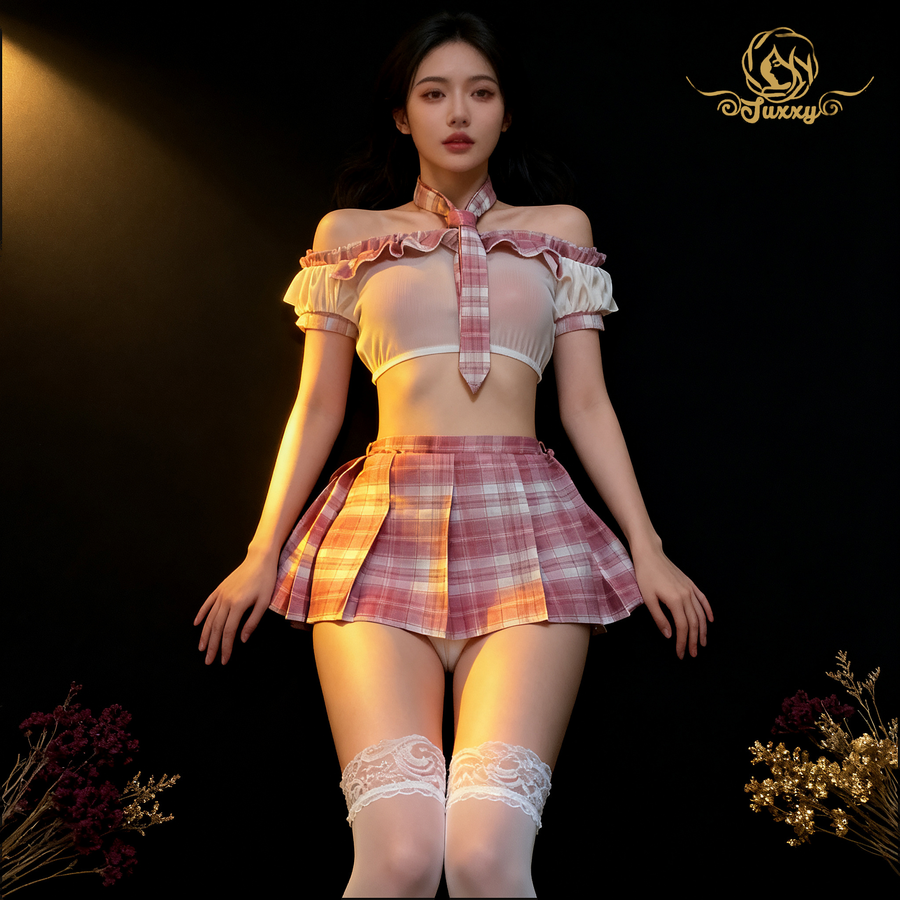 The top features a sexy ?? mesh sheer design with lace trim, paired with a plaid pleated skirt ??
