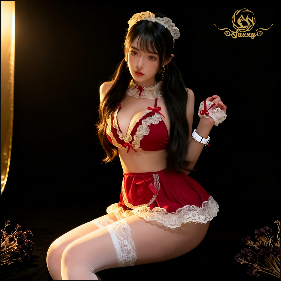 🖤maid lace apron set · Red / Black · lace apron roleplay