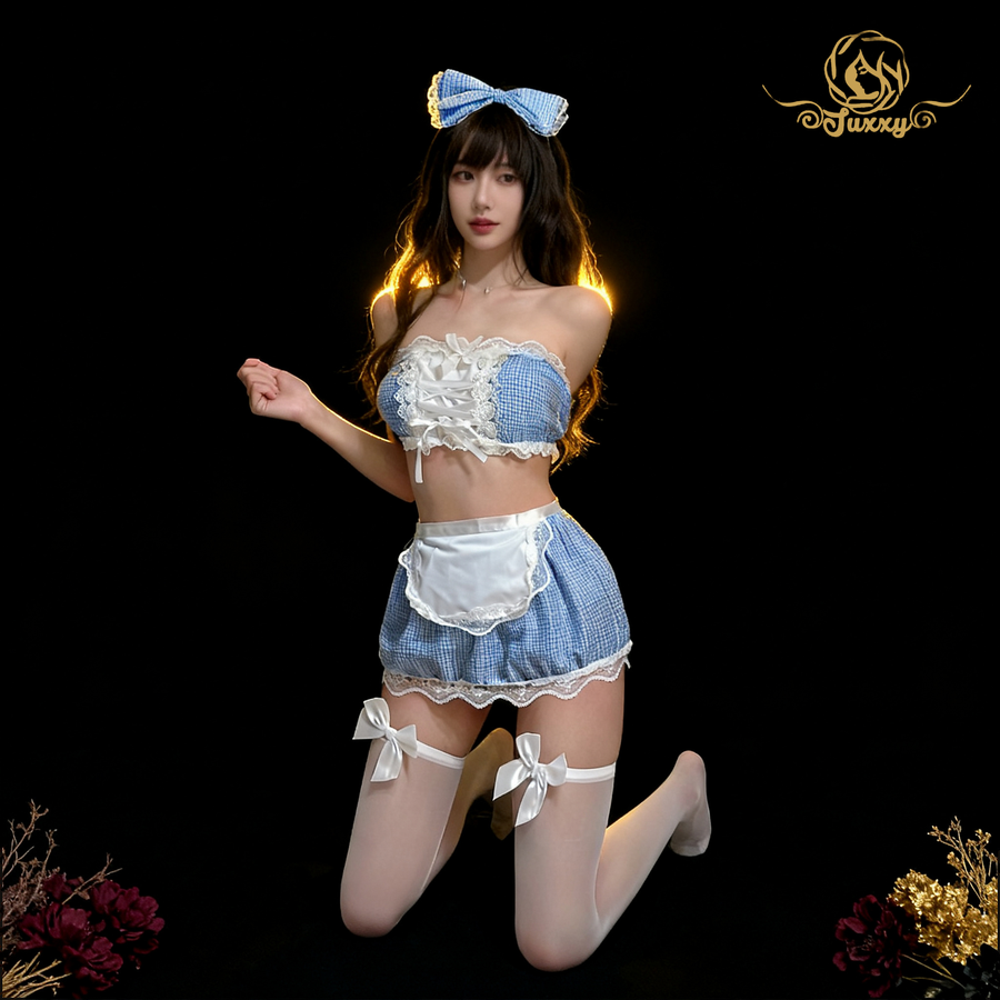 Sweet and girly light blue dress ?? paired with a cute and innocent maid-like uniform ??