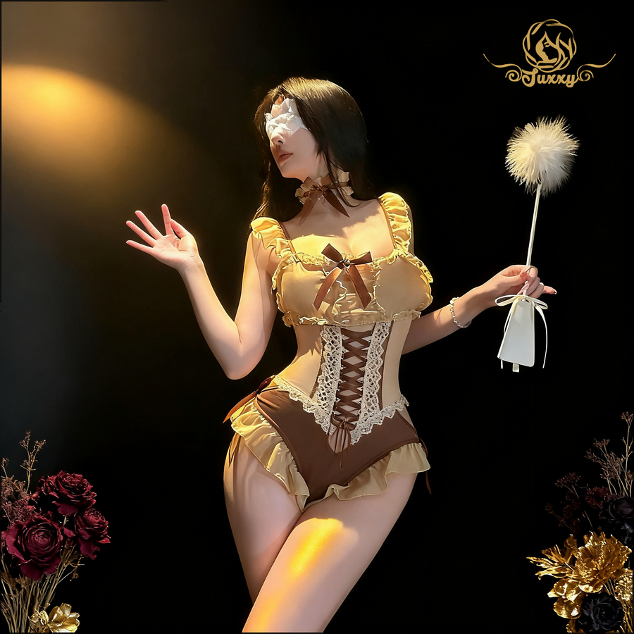 🧸maid lace apron set · Yellow · lace apron roleplay