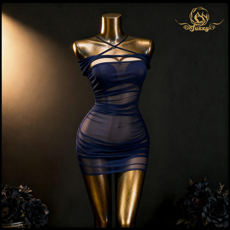 "Don't Sleep Tonight"?? - A sophisticated deep blue strapless dress-style bodysuit with a sheer mesh design.??
