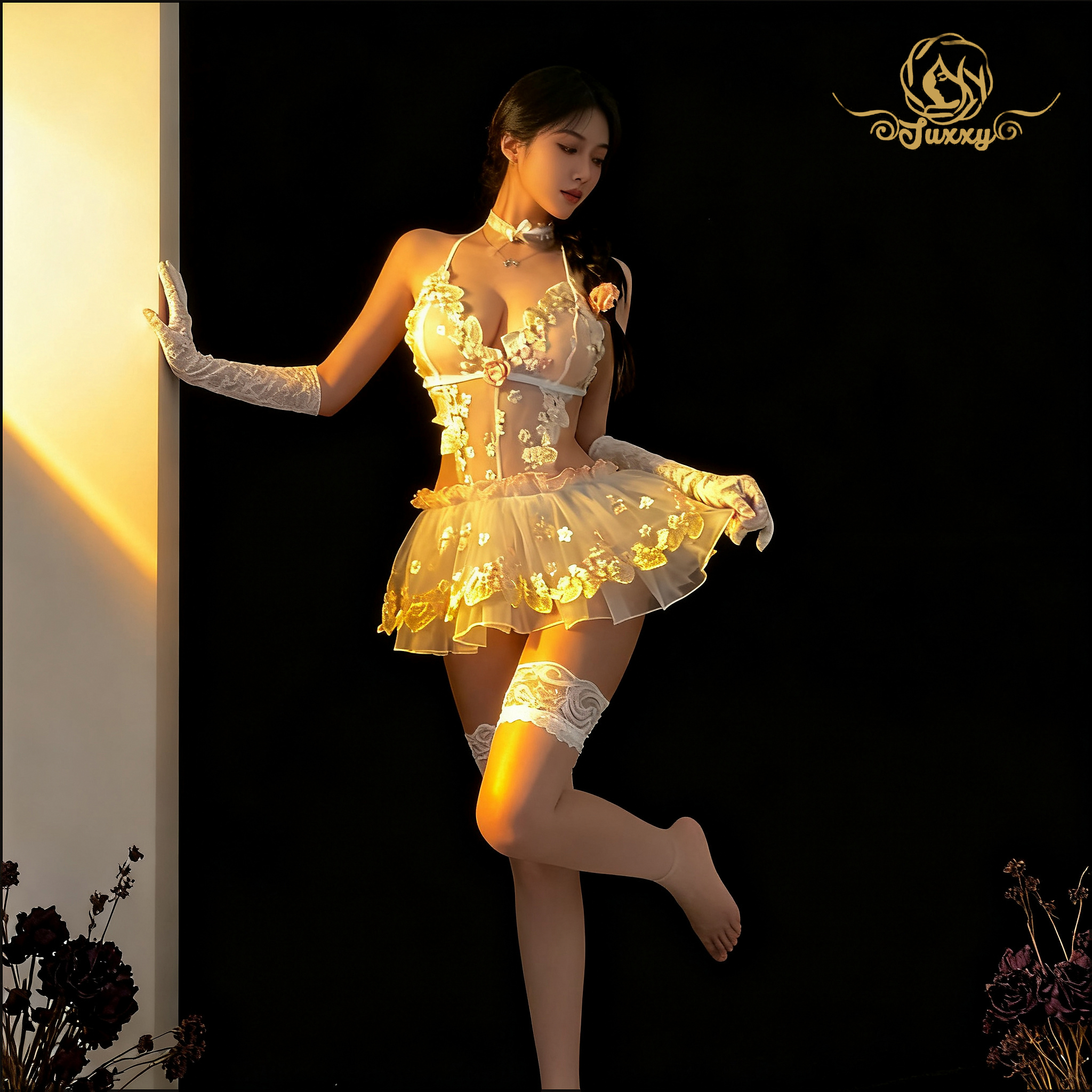 "Elegant Ballet" 🌸 A sexy uniform featuring a small floral print, semi-sheer mesh fabric, and a puffy skirt design 🪄
