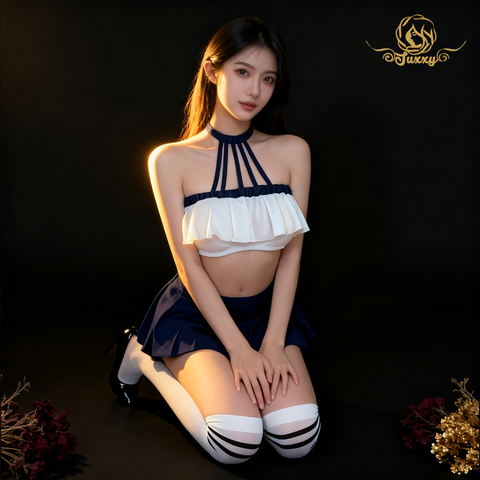 Very sexy JK?? school uniform with vertical striped halter neck design ??