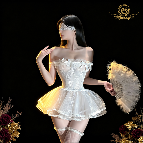 "Classic Black and White"⚪ Lace Fitted Off-Shoulder Mesh Sheer Design Sexy Ballet Tutu Uniform⚫