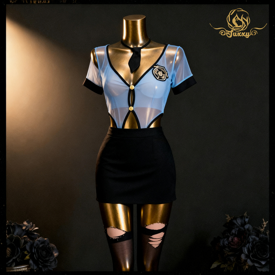 "Don't move!"?????♀? A sexy policewoman instructor's uniform featuring a see-through ??mesh bodycon skirt.