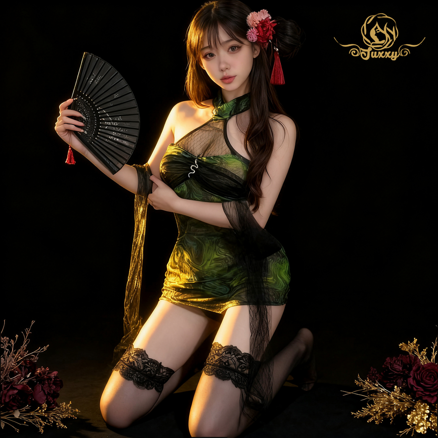 "Femme fatale" ??sexy green snake cosplay halter neck design see-through lace bodycon skirt style lingerie??