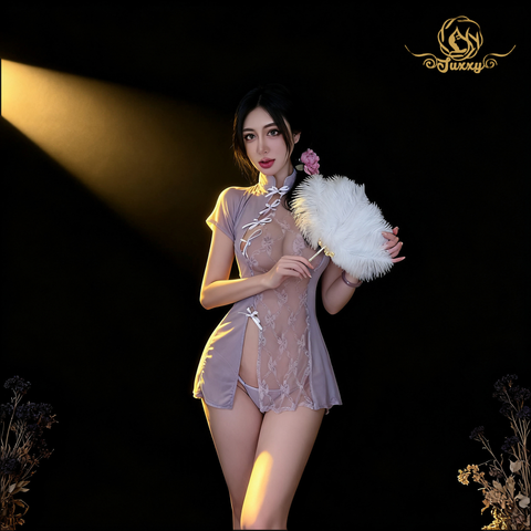 "Retro Charm" 🥰 Cheongsam Uniform with Lace Cutout Design, Floral Print, and Mesh Style🎀