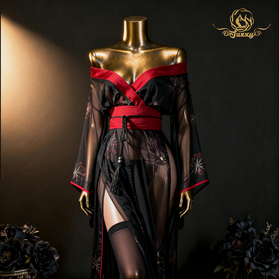 "Court Maid" 🤩Retro Dark-Toned Hanfu Style with Sheer Mesh Design - Erotic Uniform Set🖤