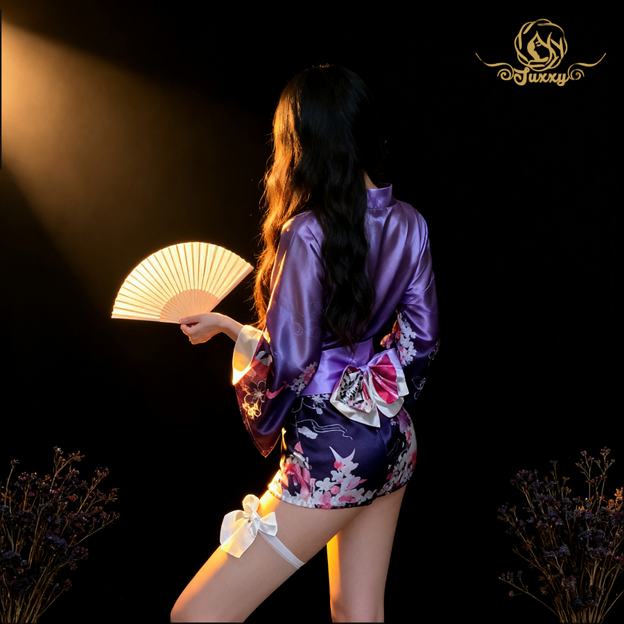 Purple Charm, Sweet Japanese Style, Sexy Deep V-Neck, Low-Cut, Pure and Alluring Kimono Lingerie Uni