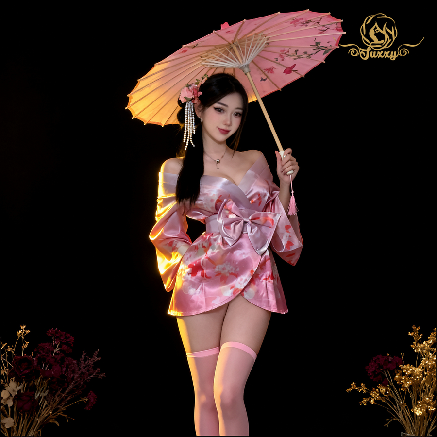 Purple Charm, Sweet Japanese Style, Sexy Deep V-Neck, Low-Cut, Pure and Alluring Kimono Lingerie Uni