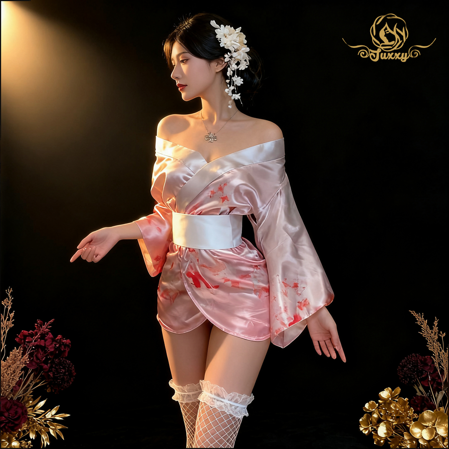 Purple Charm, Sweet Japanese Style, Sexy Deep V-Neck, Low-Cut, Pure and Alluring Kimono Lingerie Uni